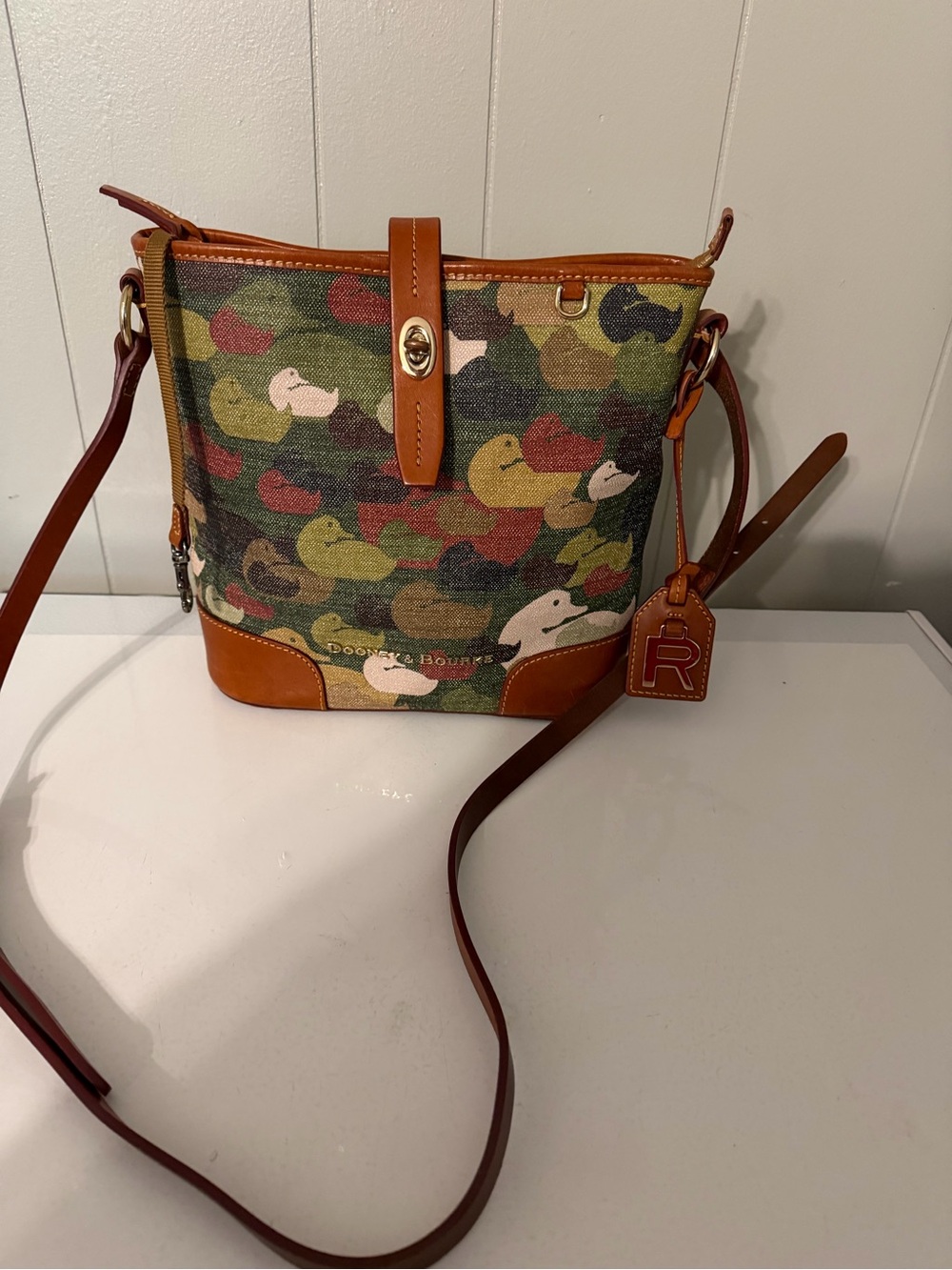 Dooney & Bourke Duck Print Crossbody Bag Leather Trim Vintage Style